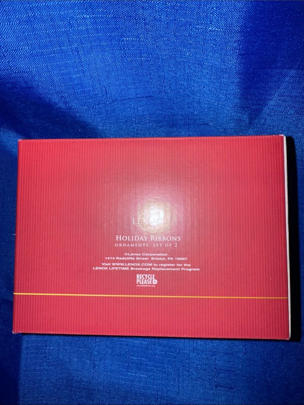 Lenox Holiday Ribbons Ornaments - Porcelain - Set of 2 - New in Box